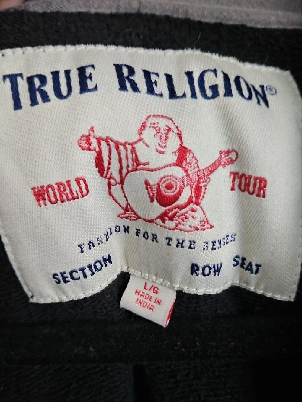 True Religion Men's Full Zip Hoodie Black Mesh Back Spellout Logo Sz Lg